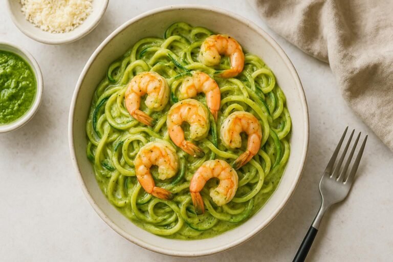 5-Ingredient Creamy Pesto Zoodles with Shrimp